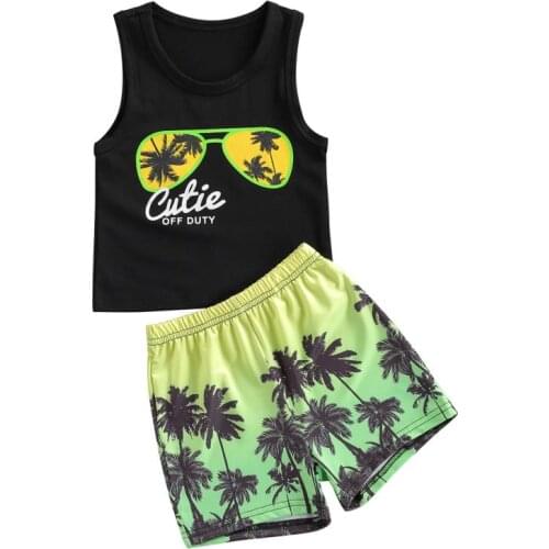 2021 Summer Boy Clothes Set Fresh Letter Sunglasses Sleeveless Vest Tops Coconut Tree Short Pants Beachwear Sets