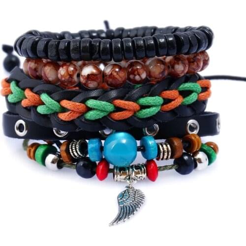 4pcs/set Boho Punk Hippie Black Wrap Leather Cord Knot Vintage Color Wing Charm Brown Bead Layers Bracelets Bangles Man