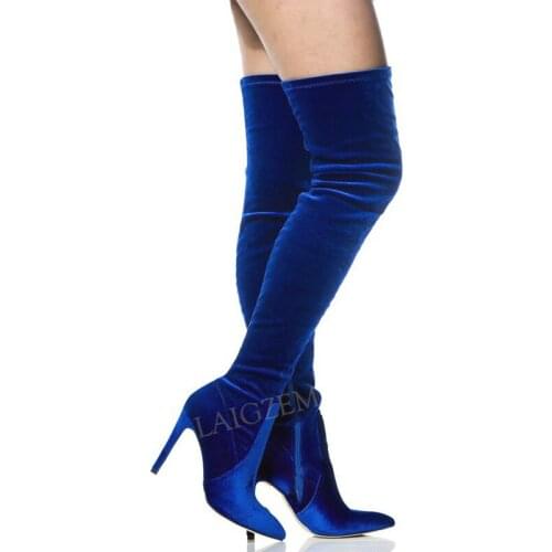 BERZIMER Women Thigh High Boots Pointed Toe Side Zip Slim High Heels Over Knee Boots Ladies Shoes Woman Big Size 43 44 45 46 47