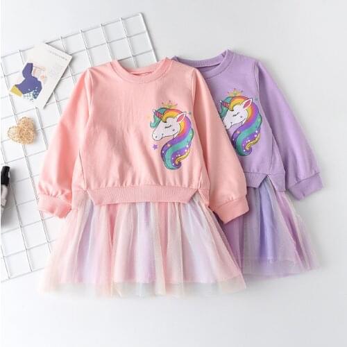 Girls Dresses Sweet Spring Children Clothing Cute Cartoon Unicorn Pattern Kids Costume Fancy Rainbow Mesh Dress 3-7 Y