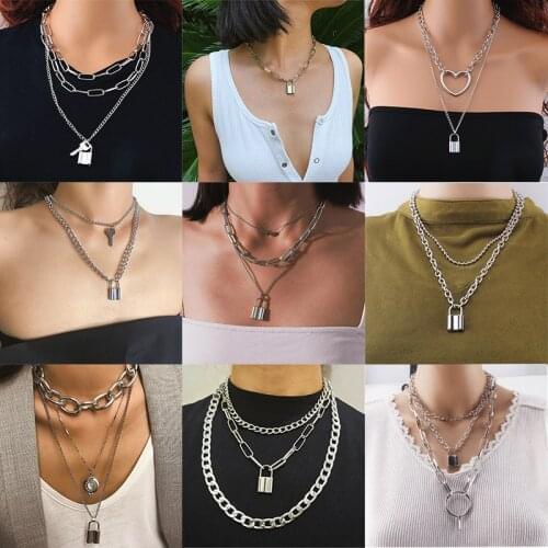 KSRA Double Layer Lock Chain Necklace Punk Link Gold Silver Color Padlock Pendant Necklace Brand Women Fashion Gothic Jewelry