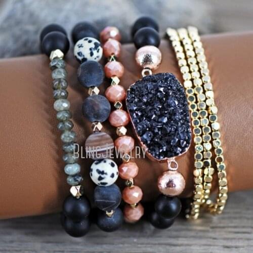 BM39374 Semi Precious Stone Bracelet Set Healing Bracelet Mixed Stone Bracelets Druzy Stone Bracelet Black Beaded Bracelet