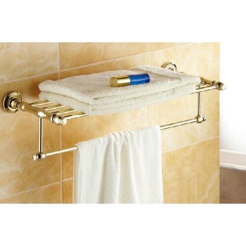 Wall Mounted Polished Gold Color Brass Bathroom Large Towel Rail Towel Bar Holder Shelf Bathroom Accessory mba101