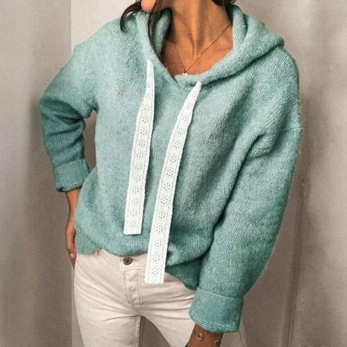 Autumn Winter Fashion Hooded Collar Lace Drawstring Womens Sweatshirts Casual Solid Long Sleeve Lady Knitting Sweatshirts 2021