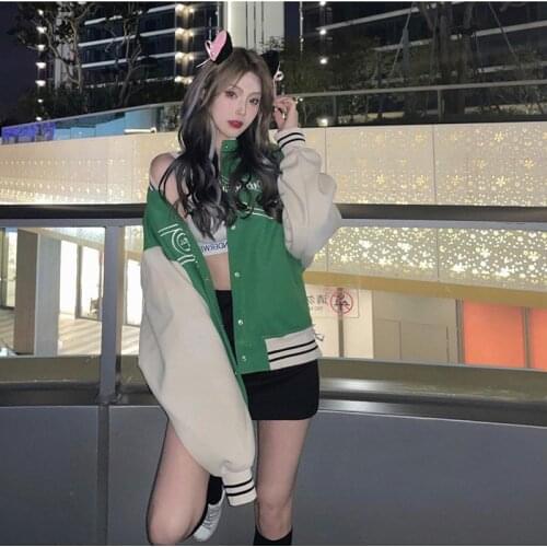 Coat Women Autumn Girls Green Coat Bomber Jacket Casual Loose Baseball Uniform Clothes Female Ladies Streetwear Outerwear