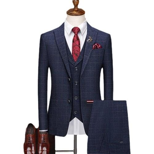 Jacket + Vest + Pants ) Boutique Fashion Lattice Formal Business Mens Suit Groom Wedding Dress Show Party Show Prom Male Suit