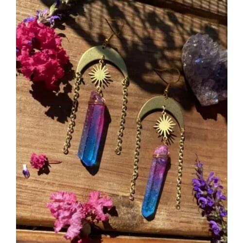 Crescent quartz crystal crescent moon earrings with sun, moon and star charm, celestial sun earrings, star earrings, moon earrin