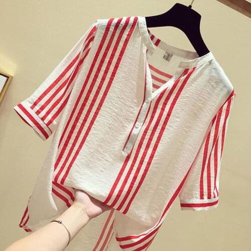 Casual V-Neck Ladies Tops Vertical Striped Blouses Big Size S-5Xl New Summer Women Shirt Plus Size Short Sleeve Loose