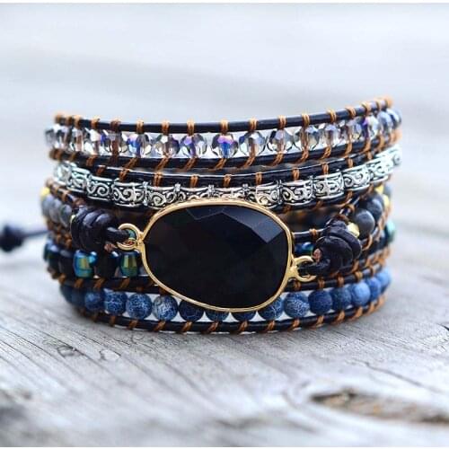 Native Inspired Designer Leather Bracelet Black Onyx Mix 5 Strands Woven Wrap Bracelets Bohemian Bracelet Dropship