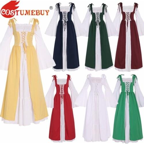 Costumebuy Womens Irish Renaissance Retro Gown Chemise Overdress Boho Bell Costume Medieval Off Shoulder Two Pieces Dress S-5XL
