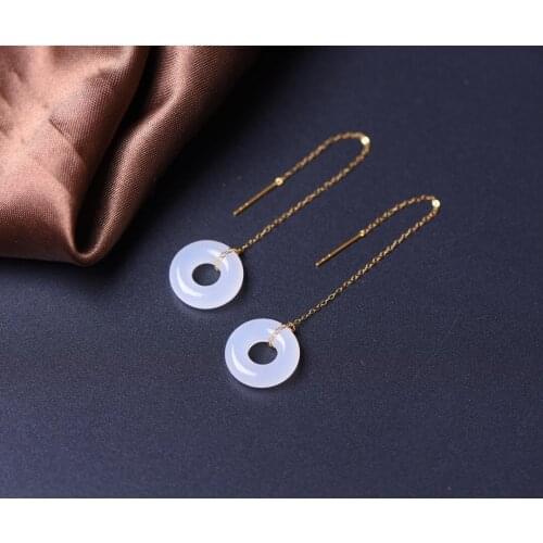 S925 Sterling Silver Hetian Jade Inlaid White Jade Safeness Ring Ear String Earrings Classic Safeness Ring Style New Product Bes