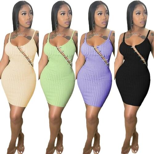 Sexy Sling Knitted Rib Solid Mini WomenDress Elegant Sleeveless O Neck Slit Pin with Drill Bodycon Club wear Party Dress Outfits
