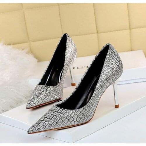 Sequined Cloth High Heels Shoes Women Metal Heel Design Pointed Toe Pumps Ladies Shoes New Arrival