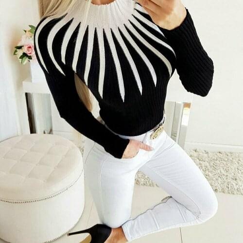 High Street Sexy Office Lady Women Winter Warm Long Sleeve High neck Slim fit Color Matching Pullover Jumper Sweater Clothing