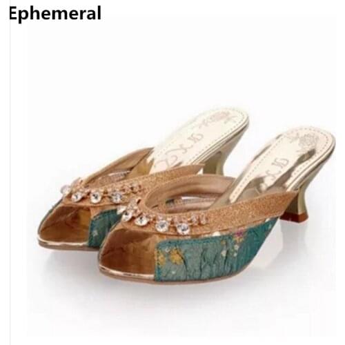 Womens Crystal Rhinestone Shoes Peep Toe Sandals Summer Slipper With Heel Flip Flops Sapatos Femininos De Salto Gold Blue 42