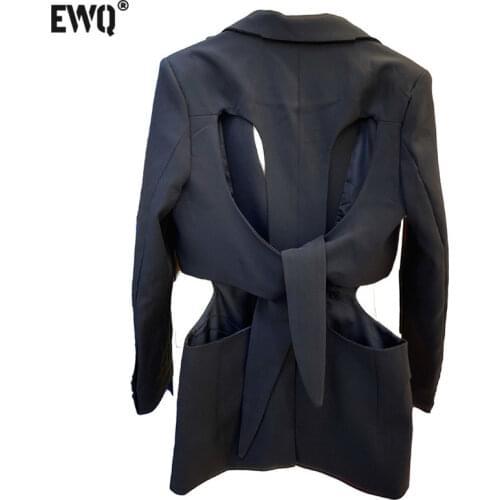 [EWQ] Spring 2021 Women White Hollow Out Split Joint Blazer New Lapel Long Sleeve Loose Fit Jacket Fashion Tide