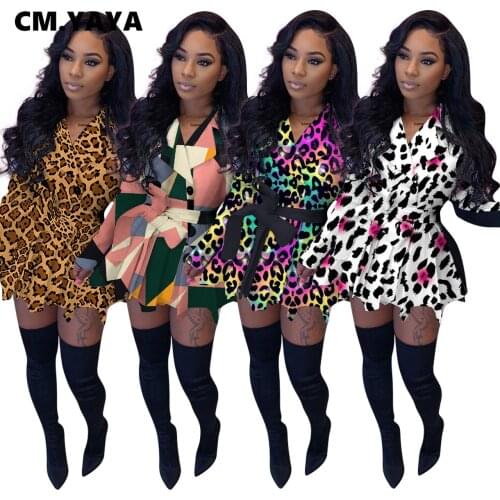CM.YAYA Autumn Winter Leopard Plaid Print Women Dress Long Sleeve Notched Neck With Sashes Button Up Mini Office Lady Dresses
