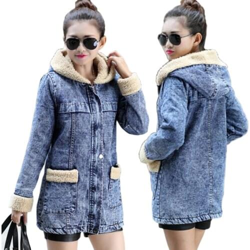 Winter Denim Jacket for women New 2021 Hooded Women wool Coat With Long Sleeves Warm Jeans Coat Female Outwear Wide Denim Jacket