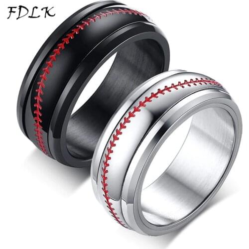 Baseball Line Creative Ring 8mm Silver Color / Black Wedding Ring Rotatable Stainless Steel Ring for Fashion Mens Party Jewelry