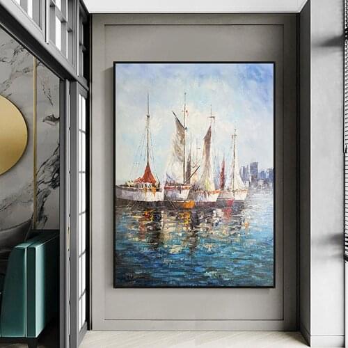 Large Seascenery Boat Abstract Wall Art Handmade Canvas Oil Painting Home Hotel Decor Sailboat Picture Hand Painted Poster Mural