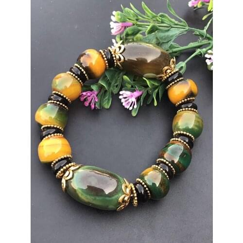 Natural green yellow agate jade beads bracelet handcarved jade bangle bracelet jadite jade jewelry gemstone bracelet for women