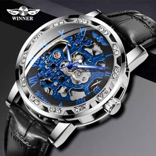 Winner New Mechanical Watches Diamond Retro Flower Design White Gold Display Mens Skeleton Wristwatches Top Brand Luxury Clock