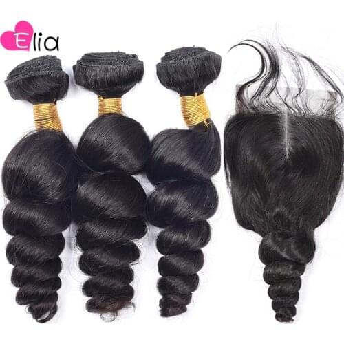Elia Closure with Bundle 4x4 Lace Closure PrePlucked Baby Hair Brazilian Loose Wave Hair Extension 100% Human Hair Side Part