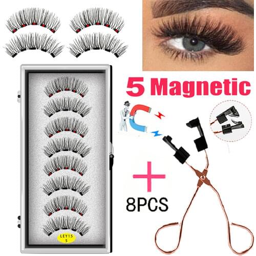 LEKOFO 8PCS 5 Magnets 3D Magnetic False Eyelashes Handmade Artificial Faux Cils Magnetic Natural Mink Eyelashes with Tweezers