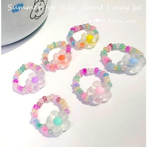 Korean Charms Candy Color Bead Flower Rings For Women Cute Retro Fashion Harajuku Rings Y2K Jewelry 90s Aesthetic 2021 New