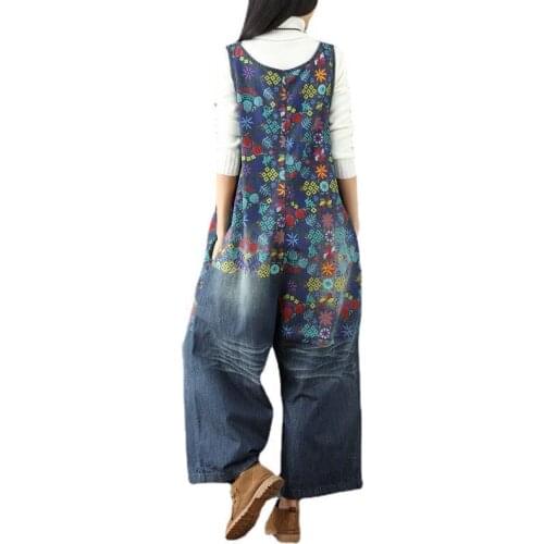 Wide Leg Bib Denim Overalls Women Vintage Printed Flower jean Jumpsuits Big size Drop Crotch Jeans Holes Ripped cowboy Rompers