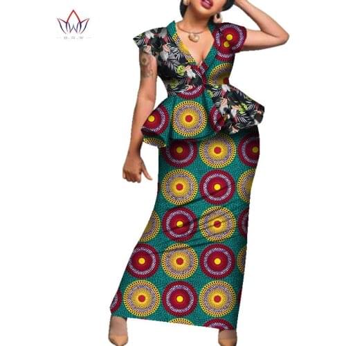 African Print Short Sleeve V Neck Tops and Skirt Sets for Women Bazin Riche African Clothing Lady 2 Pieces Skirts Sets WY7113