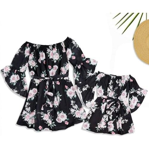 Family Look Clothing Sets Mother Daughter Matching Shoulderless Floral Dresses Mommy and Me Clothes Outfits Baby Gilrls Vestidos