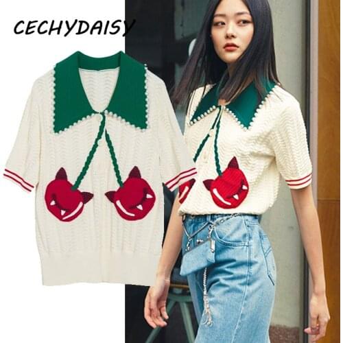 Korean Fashion Knitted Pullovers Women Embroidery Beading Short Sleeve Casual Clothes Cute Pull Femme Tops Jumper 2021 Summer Za