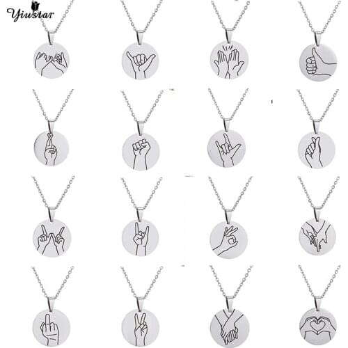 Yiustar Gesture Hand Sign Language Necklace for Women Girls Kids Geometric Round Pendants Necklaces Okay Love Choker Jewelry