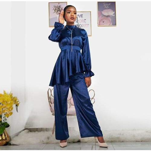 Siskakia Imitate Silk Suit Set Dubai Turkish Muslim Womens Two Pieces Set Solid Flare Long Sleeve Tops With Wide-leg Trousers