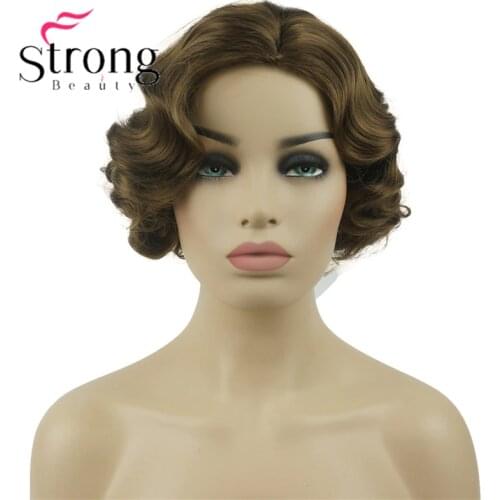 StrongBeauty Short Finger Wave Golden Brown Full Synthetic Wig Cosplay Retro Wigs