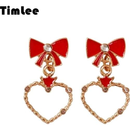 Timlee E176 Free Shipping,New Sweet Bow Heart Dangle Earrings,Fashion Jewelry Wholesale
