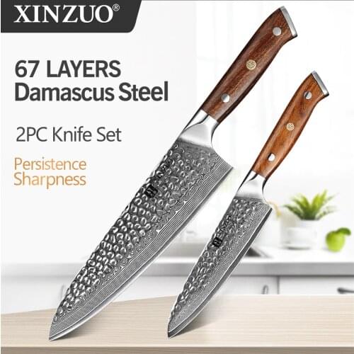 XINZUO 2 PCS Kitchen Knife Set Japanese Damascus Steel Gyutou Utility Knives Stainless Steel Kitchen Cutlery