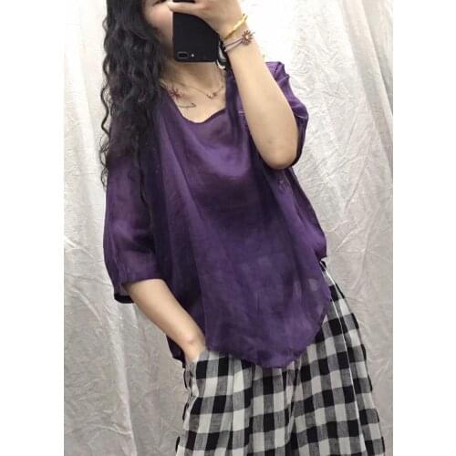 Women Summer Irregular Length Loose Ramie Shirt Ladies Vintage Embroidered Ramie Blouse Tops Female Vintage Ramie Shirts