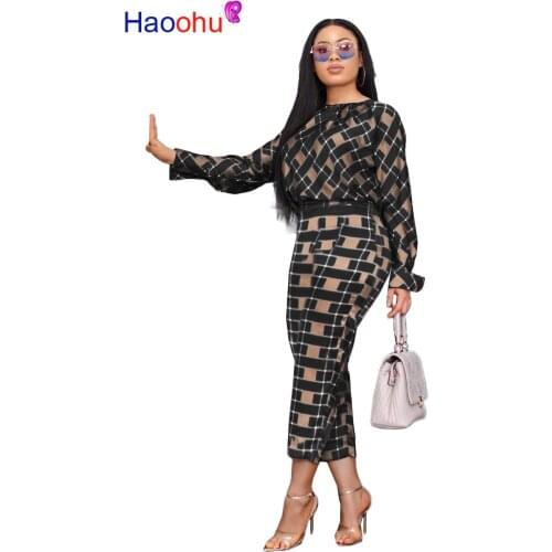 European and American womens autumn new fashion temperament long-sleeved loose blouse + plaid pants two-piece