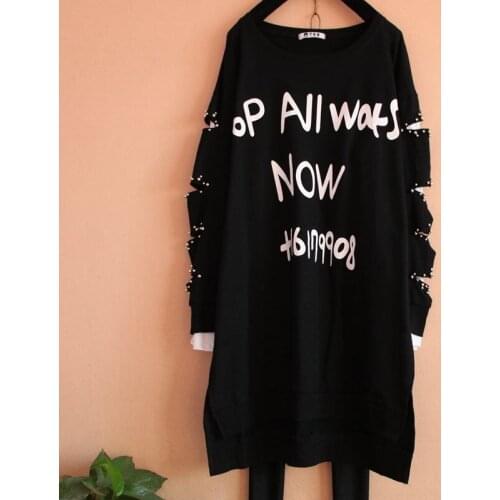 Hot Women Large Size T shirt 2021 Spring Autumn Beading Hole Shirt Letters Printing Long Sleeve Mid-length Shirt Dress Z591