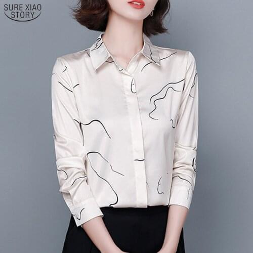2021 Office Printed Long Sleeve Women Blouse Autumn New Silk Beige Shirt Women Plus Size Cardigan Ladies Tops Blusas 10459