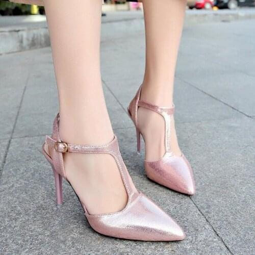 Silver/pink shiny leather gladiator sandals women pointed toe T-strap wedding shoes pointed toe cutout sandalias mujer sexy 223