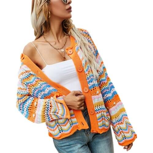 Hirigin Women Autumn Vintage Striped Print Short Knitted Sweaters Fashion Single Breasted Loose Cardigans Femme Sweater 2021