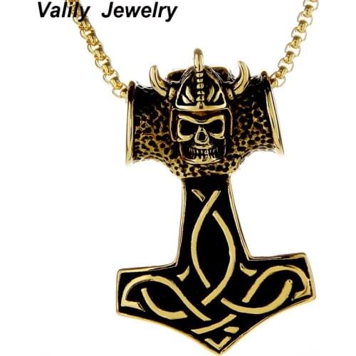 Gold Mens Thors Hammer Skull Pendant Necklace,Stainless Steel Orc Viking Skull Vintage Necklace,23 " chain