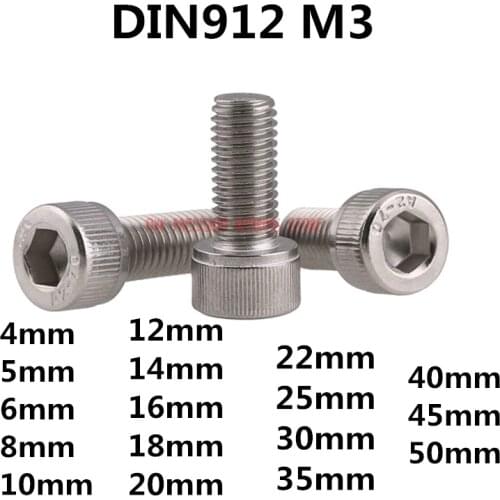 100pcs DIN912 M3 304 Stainless Steel Hex Socket Head Cap Screw Bolts M3*(4/5/6/8/10/12/14/16/18/20/22/25/30/35/40)