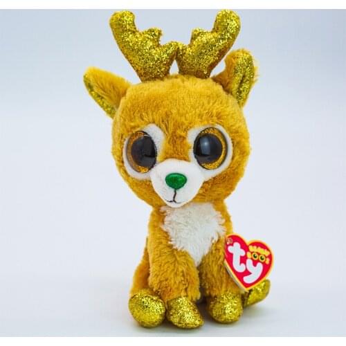 25CM Ty Beanie Sparkly Glitter Eyes Christmas Golden Horn Deer Cute Animal Doll Birthday Gift Soft Stuffed Plush Toy Kids