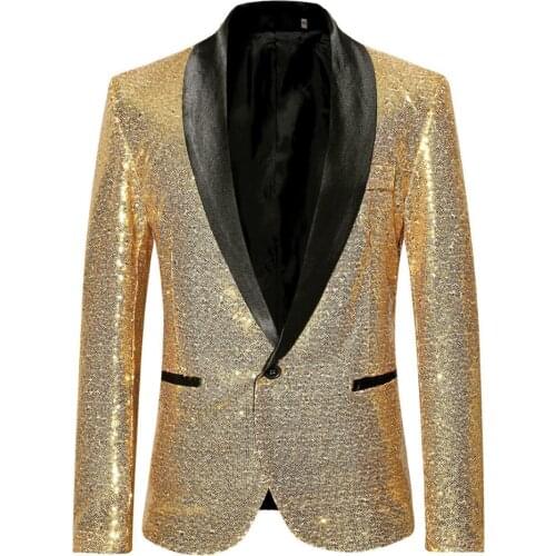 Shiny Gold Sequin Bling Glitter Suits&Blazer Men 2019 New Shawl Collar Club DJ Mens Blazer Jacket Stage Clothers for Singers XXL