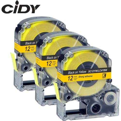CIDY 3Pcs SC12YW/LC4YBW LC-4YBW9 compatible KingJim 12MM Black on Yellow Label tape for Epson machine LW700 LW400 LW800 SR150