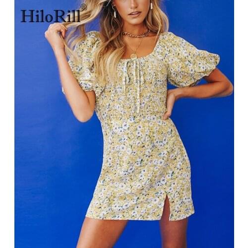 HiloRill Floral Print Chic 2 Piece Set Women Puff Short Sleeve Stretch Cropped Blouse Sets High Waist Split Mini Skirt Outfits